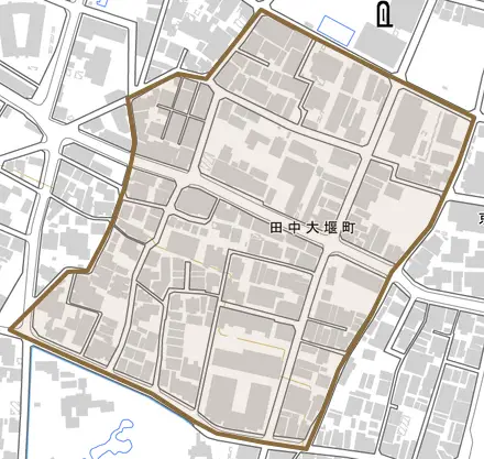 田中大堰町とその周辺の地図。町の範囲を重ねている