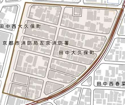 田中大久保町とその周辺の地図。町の範囲を重ねている