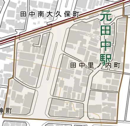 田中里ノ内町とその周辺の地図。町の範囲を重ねている