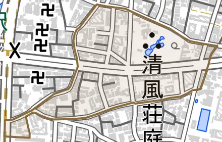 田中関田町とその周辺の地図。町の範囲を重ねている