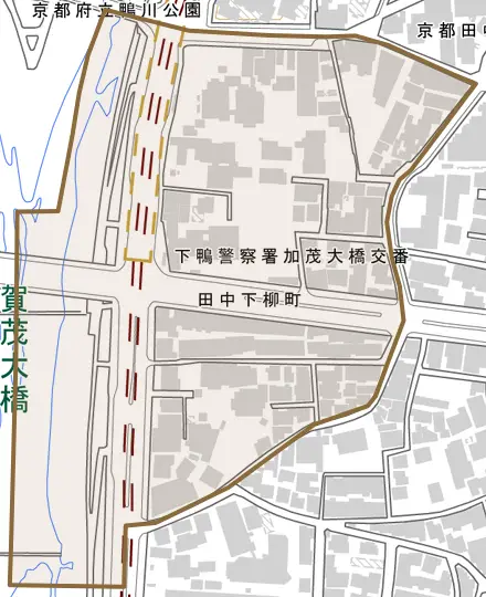 田中下柳町とその周辺の地図。町の範囲を重ねている