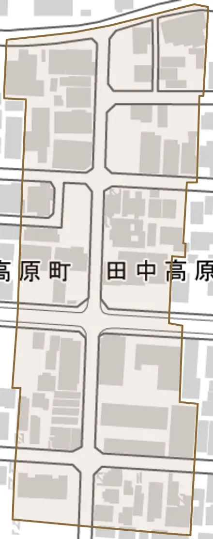 田中高原町とその周辺の地図。町の範囲を重ねている