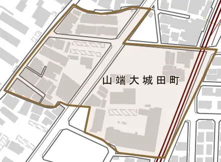 山端大城田町とその周辺の地図。町の範囲を重ねている