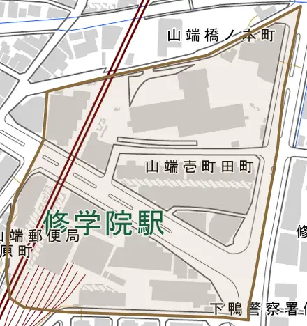 山端壱町田町とその周辺の地図。町の範囲を重ねている