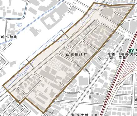 山端川端町とその周辺の地図。町の範囲を重ねている