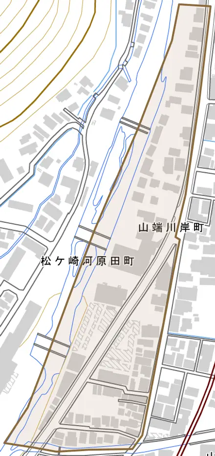 山端川岸町とその周辺の地図。町の範囲を重ねている