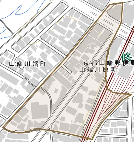 山端川原町とその周辺の地図。町の範囲を重ねている
