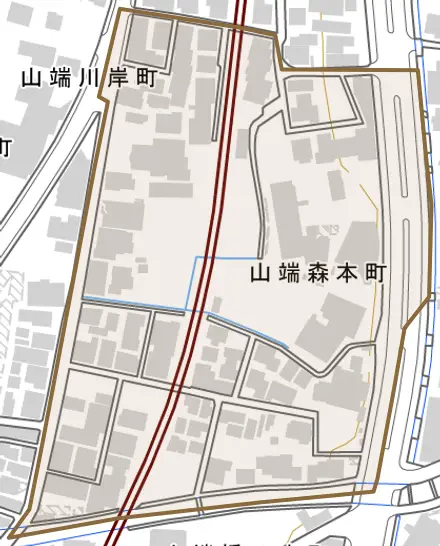 山端森本町とその周辺の地図。町の範囲を重ねている