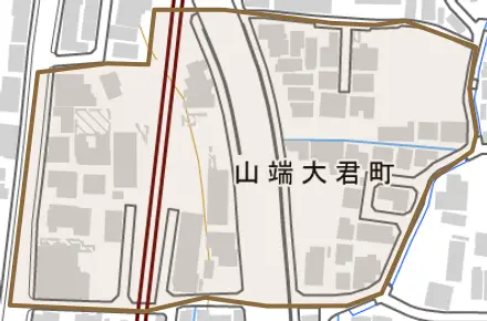 山端大君町とその周辺の地図。町の範囲を重ねている