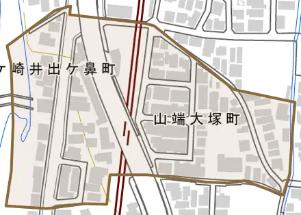 山端大塚町とその周辺の地図。町の範囲を重ねている