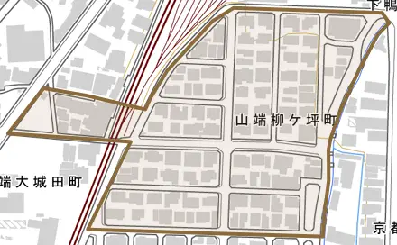 山端柳ケ坪町とその周辺の地図。町の範囲を重ねている