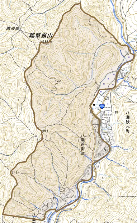 八瀬近衛町とその周辺の地図。町の範囲を重ねている