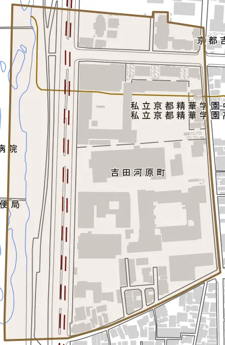 吉田河原町とその周辺の地図。町の範囲を重ねている