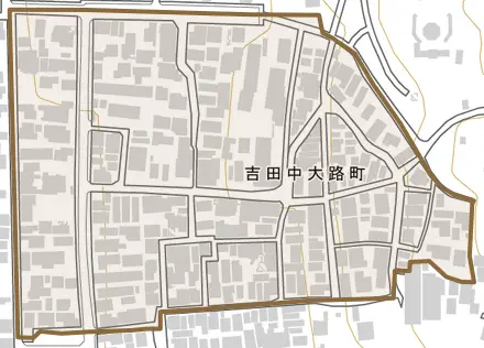 吉田中大路町とその周辺の地図。町の範囲を重ねている