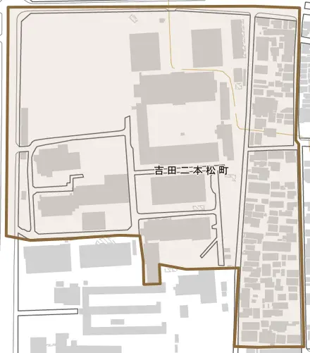 吉田二本松町とその周辺の地図。町の範囲を重ねている