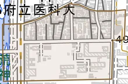 吉田下阿達町とその周辺の地図。町の範囲を重ねている