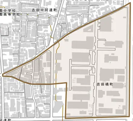吉田橘町とその周辺の地図。町の範囲を重ねている