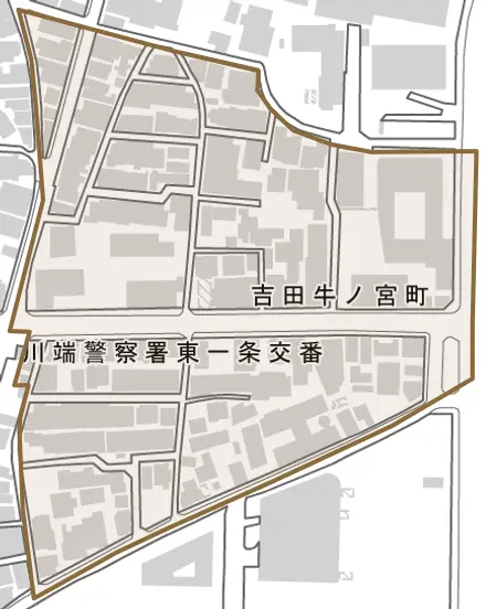 吉田牛ノ宮町とその周辺の地図。町の範囲を重ねている