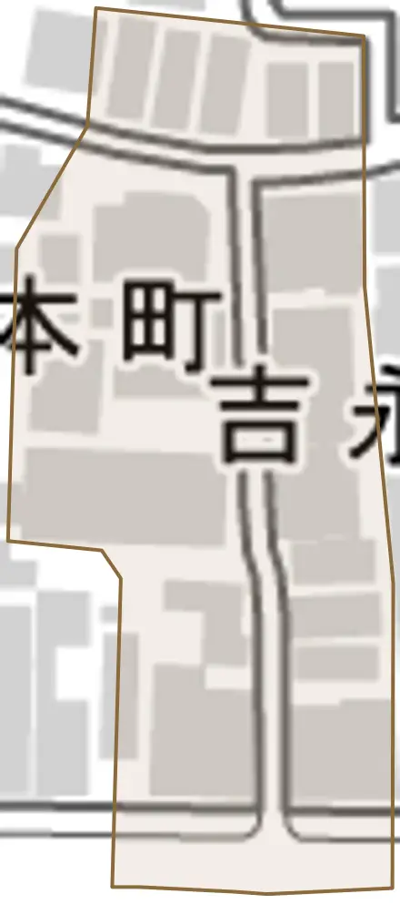 吉永町とその周辺の地図。町の範囲を重ねている
