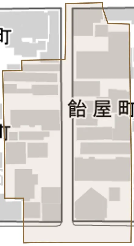 飴屋町とその周辺の地図。町の範囲を重ねている