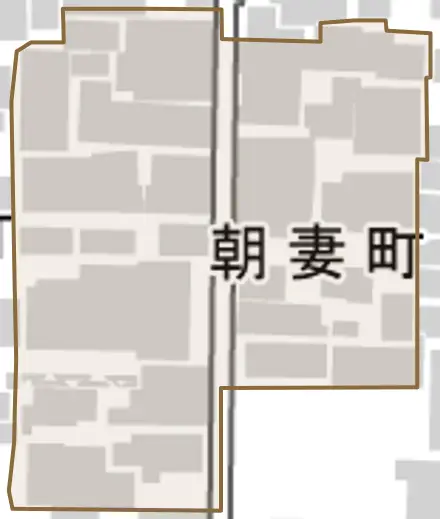 朝妻町とその周辺の地図。町の範囲を重ねている