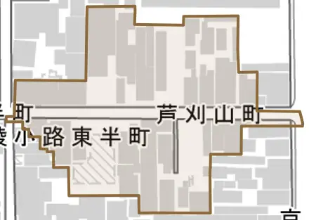芦刈山町とその周辺の地図。町の範囲を重ねている