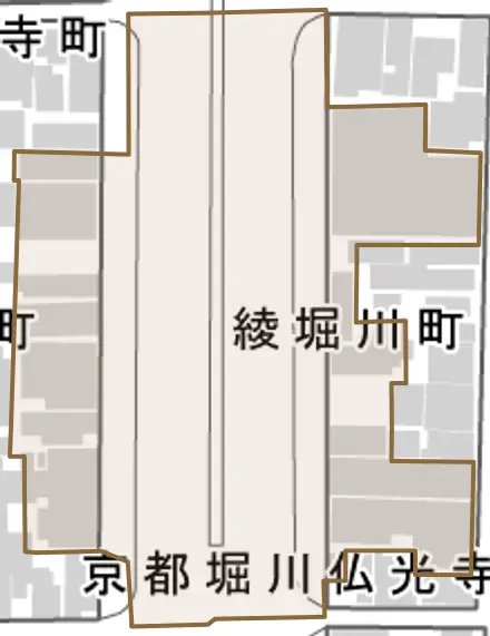 綾堀川町とその周辺の地図。町の範囲を重ねている