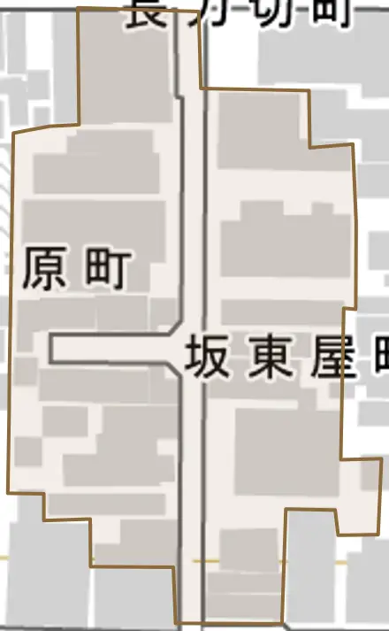 坂東屋町とその周辺の地図。町の範囲を重ねている