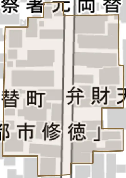 弁財天町とその周辺の地図。町の範囲を重ねている