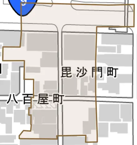 毘沙門町とその周辺の地図。町の範囲を重ねている