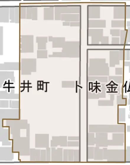 卜味金仏町とその周辺の地図。町の範囲を重ねている