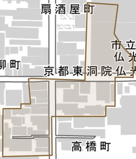 仏光寺西町とその周辺の地図。町の範囲を重ねている