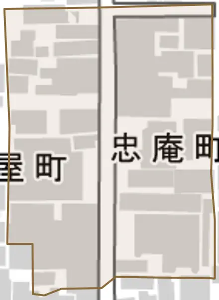 忠庵町とその周辺の地図。町の範囲を重ねている