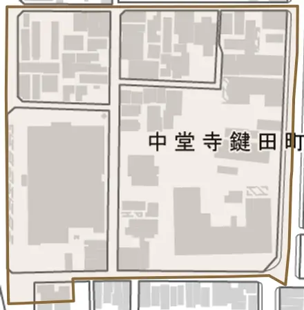 中堂寺鍵田町とその周辺の地図。町の範囲を重ねている