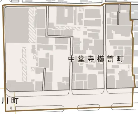 中堂寺櫛笥町とその周辺の地図。町の範囲を重ねている