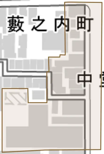 中堂寺前町とその周辺の地図。町の範囲を重ねている