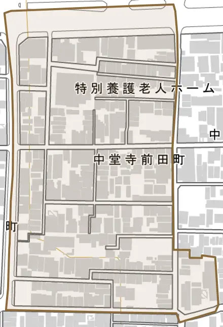 中堂寺前田町とその周辺の地図。町の範囲を重ねている