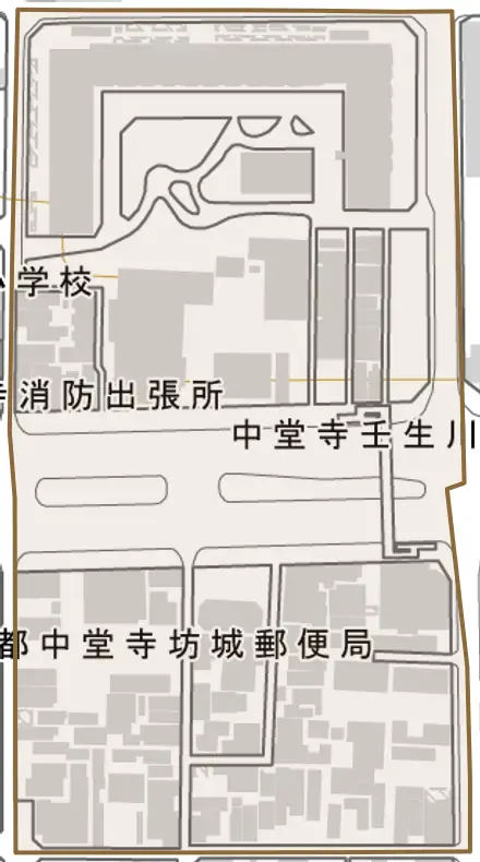 中堂寺壬生川町とその周辺の地図。町の範囲を重ねている