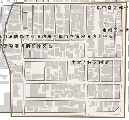 中堂寺庄ノ内町とその周辺の地図。町の範囲を重ねている