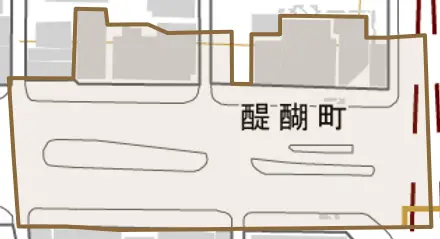 醍醐町とその周辺の地図。町の範囲を重ねている