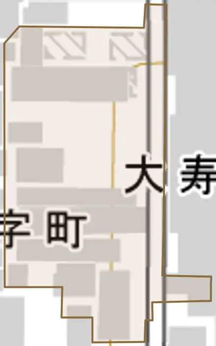 大寿町とその周辺の地図。町の範囲を重ねている