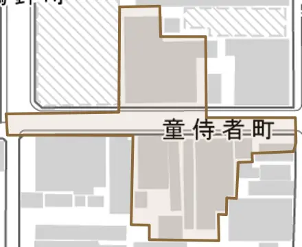 童侍者町とその周辺の地図。町の範囲を重ねている