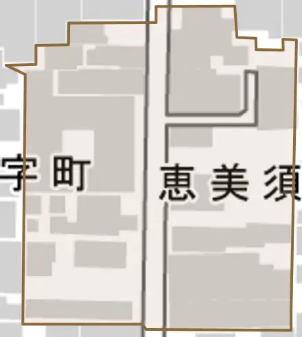 恵美須屋町とその周辺の地図。町の範囲を重ねている