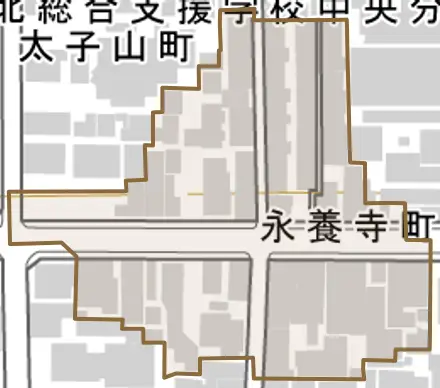 永養寺町とその周辺の地図。町の範囲を重ねている