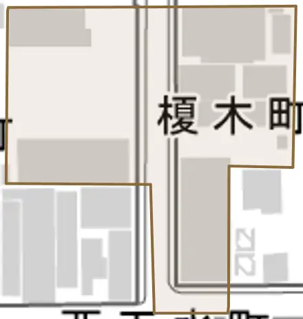 榎木町とその周辺の地図。町の範囲を重ねている