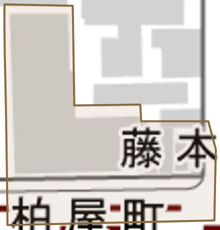 藤本寄町とその周辺の地図。町の範囲を重ねている
