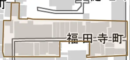福田寺町とその周辺の地図。町の範囲を重ねている