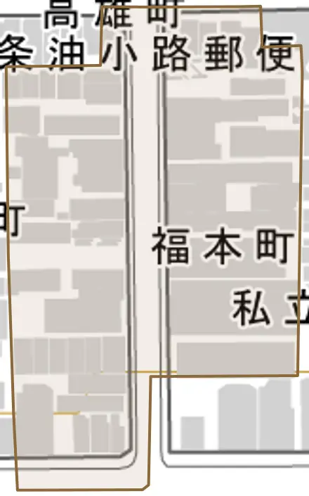 福本町とその周辺の地図。町の範囲を重ねている