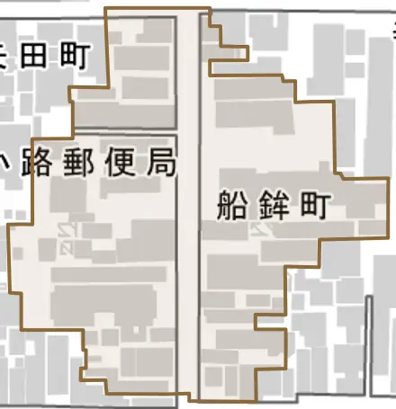 船鉾町とその周辺の地図。町の範囲を重ねている