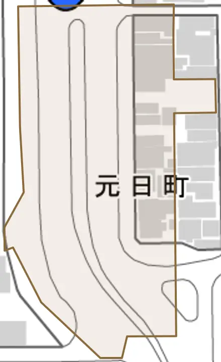 元日町とその周辺の地図。町の範囲を重ねている
